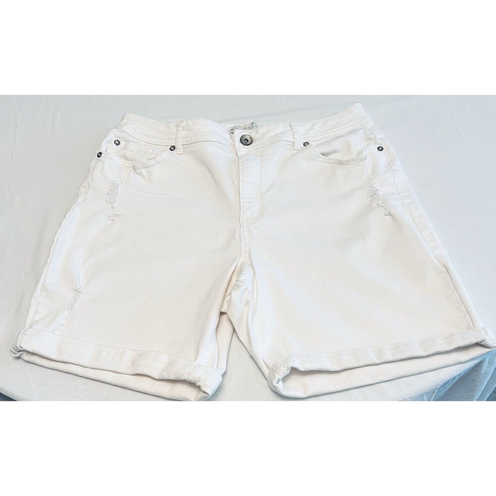 C Denim White Denim Bermuda Shorts Women’s 14 Mid Rise 5-Pocket Button Stretch